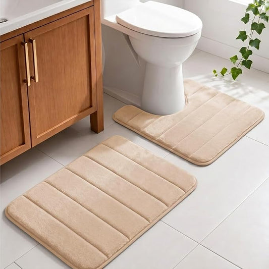 Memory Foam Bathroom Rugs Sets 2 Piece- Super Soft Absorbent Quick Dry Memory Foam Bathroom Rugs, Machine Washable Non Slip Floor Carpet for Tub Shower & Single Sink 16x24 & 20x20,(Beige)