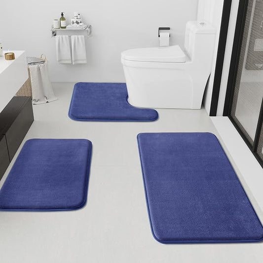 HUXMEYSON Bathroom Rugs Sets 3 Piece, Non-Slip & Quick Dry Bath Mat Set, Ultra Soft Velvet Bath Rugs for Bathroom, Toilet and Shower Floor, Royal Blue