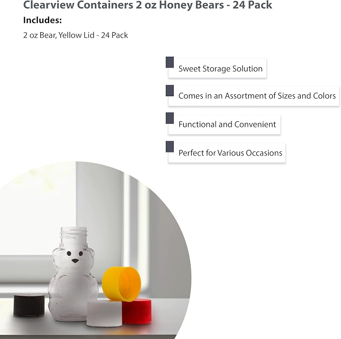 2 Ounce Honey Bears with Sealable Yellow Screw Top Lid - 24 Pack (2 oz. bear, 24pk, yellow)