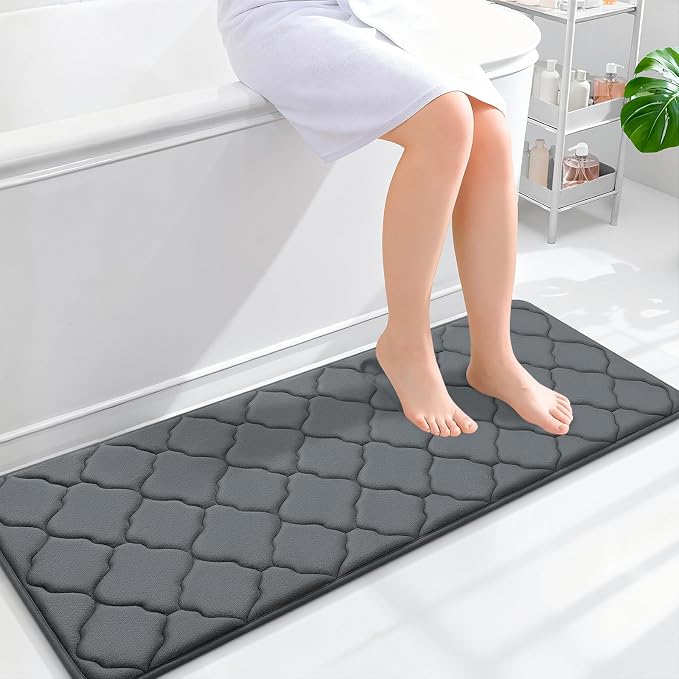 OLANLY Memory Foam Bath Mat Rug 47x17, Ultra Soft and Absorbent Bathroom Rugs, Non-Slip, Comfortable, Machine Washable Bath Carpet for Bathroom Floor, Tub, Shower and Home Decor Accessories, Dark Grey | Thick Absorbent Carpet, Non-Slip Backing, Machine...