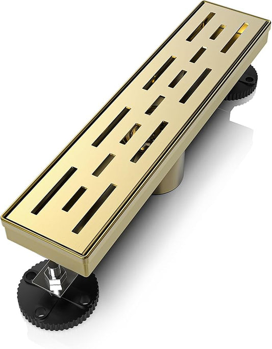WEBANG 12 Inch Linear Shower Drain Rectangular Floor Drain with Accessories Rainline Pattern Cover Grate Removable SUS304 Stainless Steel CUPC Certified Brushed Gold
