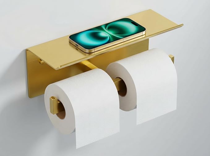 FORIOUS Toilet Paper Holder with Shelf, 304 Stainless Steel Wall Mount Commercial Toilet Paper Dispenser, Double Tissue Roll Holder for Bathroom, Brushed Gold