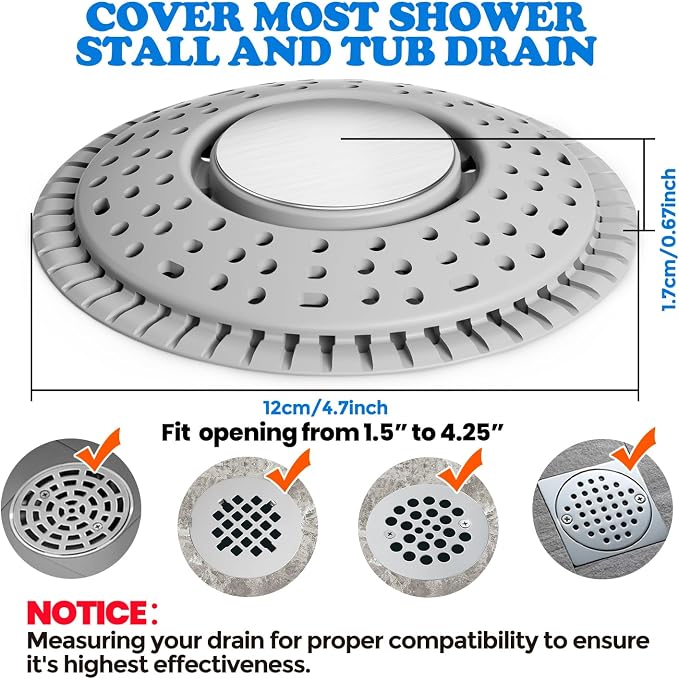 Shower Drain Hair Catcher Silicone Flat Floor Strainer Protector | 2 Pack Gray Weighted Flat Shower Drain Protectors, Traps Hair Before Clogs, Easy to Clean in Seconds, Fits Flat Floor Drains