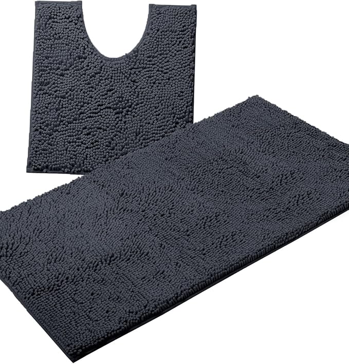 Bathroom Rugs Sets 2 Piece, Luxury Chenille Bath Mat Set, Soft Plush Anti-Slip Bath Rug + U-Shaped Toilet Mat. Microfiber Shaggy Carpet, Super Absorbent (24” x 36” & 20” x 24” U, Charcoal)
