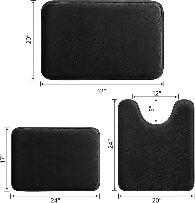 HUXMEYSON 3-Piece Memory Foam Bathroom Rug Set, Black | Quick Dry Velvet Surface, Non-Slip & PVC Backing, Ultra Soft Bath Rugs for Bathroom, 17"x24"+20"x32"+U Shape 20"x24"