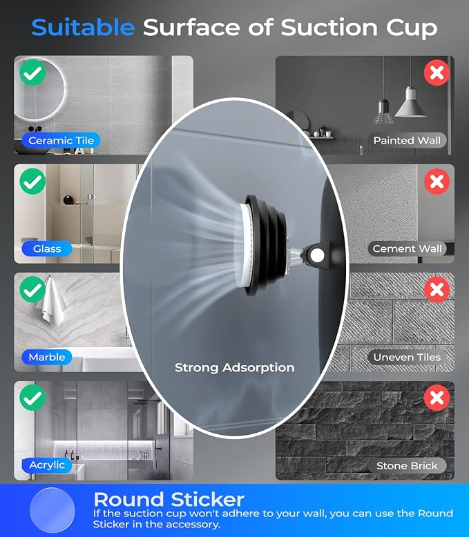 Gospire Heated Shower Mirror Fogless for Shaving with Light - Black | 5000mAh Rechargeable Battery, Detachable Suction Cup & Razor Holder for Wall, NO-Drilling, Removable, Waterproof for Bathroom
