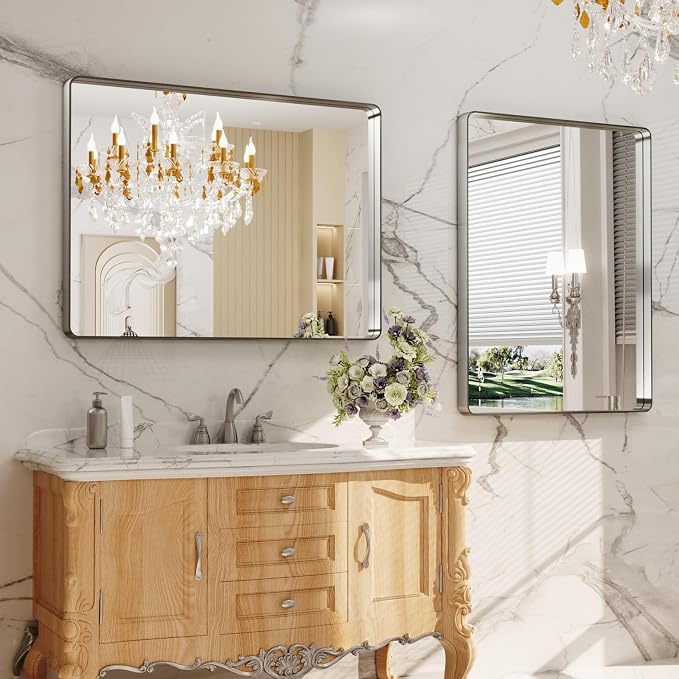 LOAAO 40X24 Inch Brushed Nickel Bathroom Mirror | Rounded Rectangle, Silver Metal Frame, Anti-Rust, Hangs Horizontally or Vertically