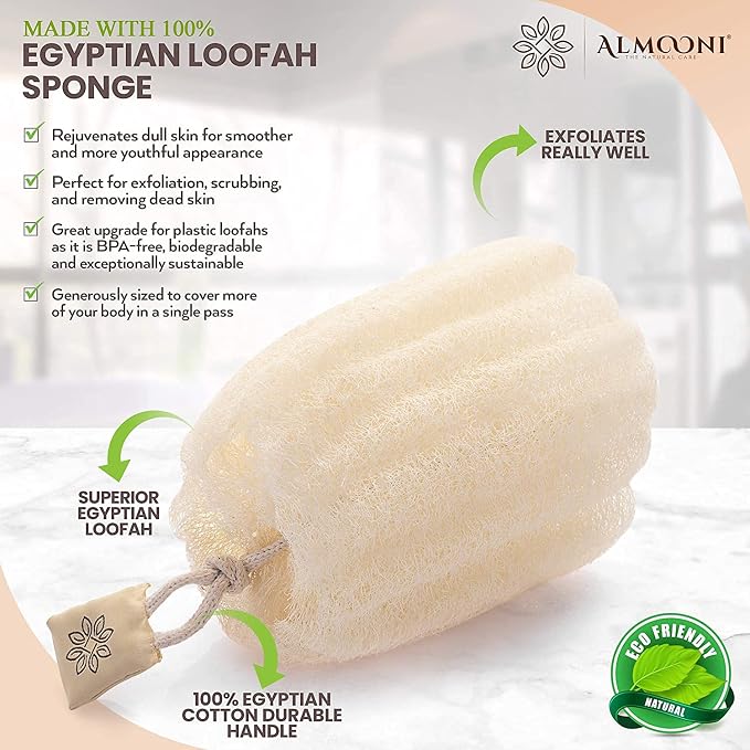 ALMOONI Natural Loofah Body Scrubber, Egyptian Loofah Sponge, 2 Count | Natural Egyptian Loofah Sponge, Round Shape Shower Sponge for Face & Body, Men & Women, Gentle Exfoliation, Large Size