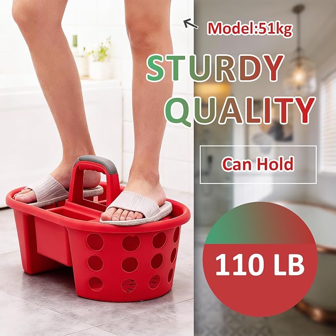 SIMPLYKLEEN Large Shower Caddy Portable 2PC - Made in USA Plastic Jumbo Size Dorm Storage Candy Tote with Handle Shower Organizer for Bathroom, Pantry, Kitchen, College Dorm, Green/Red
