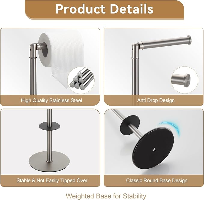 BGL Freestanding Toilet Paper Holder, Tissue Holder On Floor with Reserve Storage Paper Rolls, Roll Paper Holder Standing On Floor (Brushed Nickel)