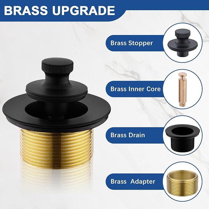 Brass Matte Black Tub Drain Kit with Single Hole Overflow Faceplate | Lift and Turn Tub Bathtub Drain Kit