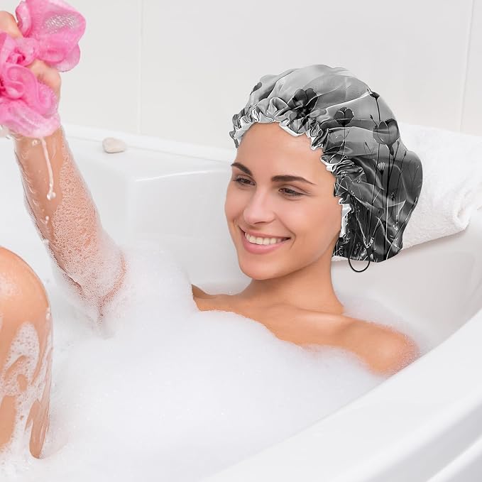 2 PCS Shower Cap Waterproof Double Layer Elastic Adjustable Reusable Hair Bath Caps for Girls Women Cute Aesthetic-Black Grey