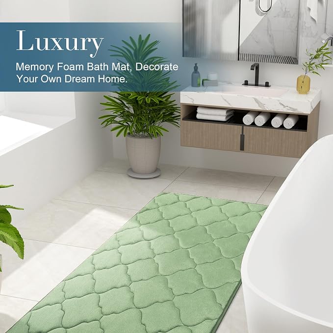 OLANLY Memory Foam Bath Mat Rug 59x20, Ultra Soft Bathroom Rugs, Sage Green | Thick Absorbent Carpet, Non-Slip Backing, Machine Washable, for Bathroom Floor, Tub, Shower and Home Decor Accessories