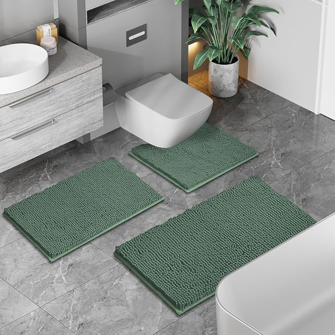 RUN HELIX Dark Green Bath Rugs Set 3 Piece Bathroom Rug Non-Slip Bath Mats, Absorbent Shaggy Rugs, Machine Wash, Perfect Plush Bathroom Mats
