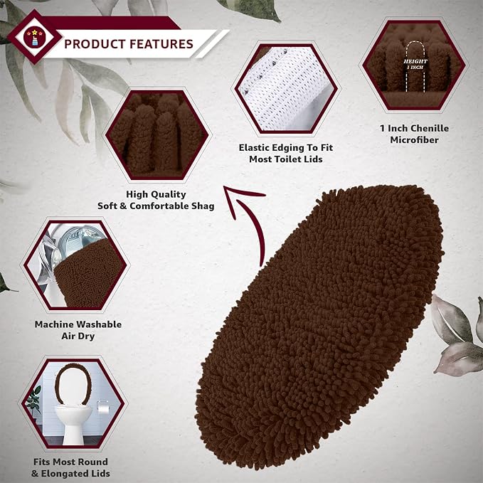 LuxUrux Toilet Lid Cover, Extra-Soft Plush Seat Washable Shaggy Microfiber Standard Toilet Lid Covers for Bathroom Machine Wash & Dry. (18x18 inches, Brown)