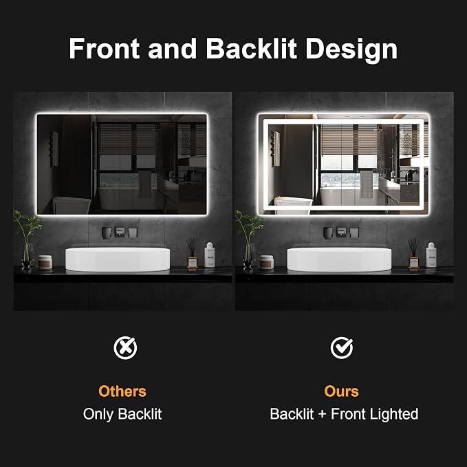 TRAHOME LED Bathroom Vanity Mirror with Lights, 30"x55" Lighted Wall Mirror | Front and Backlit, Anti Fog, Dimmable 3 Color Lighting, Memory Function, Shatterproof Glass, Plug in or Hardwired