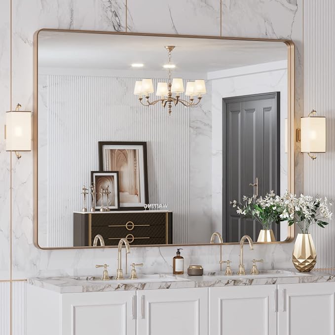 LOAAO 48”X36” Gold Bathroom Mirror, Rounded Rectangle Gold Frame Mirror, Brushed Gold Bathroom Vanity Mirror Wall-Mounted, Anti-Rust, Tempered Glass, Hangs Horizontally or Vertically | Rounded Rectangle, Brushed Gold Frame, Wall-Mounted, Anti-Rust, Tem...