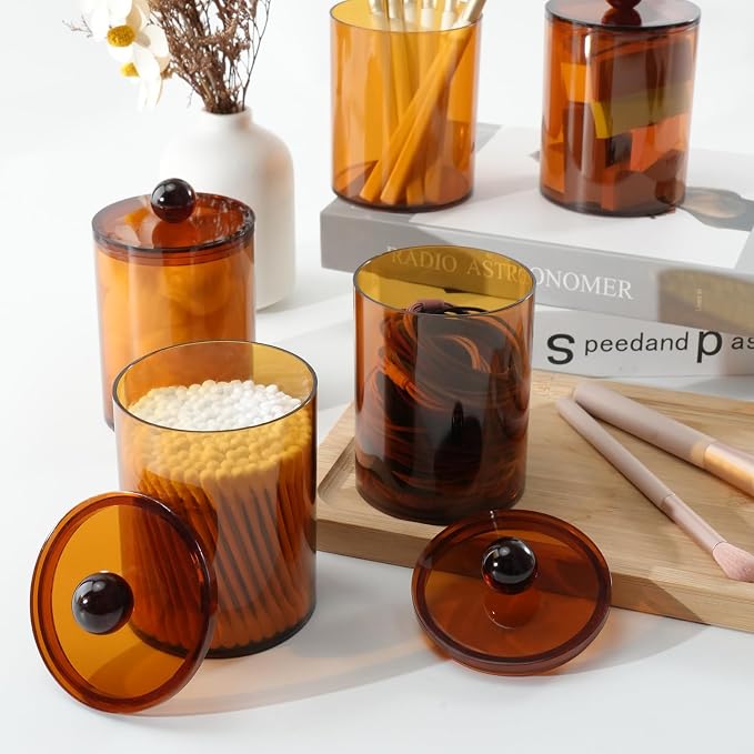 2 Pcs Acrylic Qtip Holder, Cotton Ball Holder Jars with Lids, Brown | Apothecary Jars for Cotton Swabs, Balls, Pads and Floss Picks, Bathroom Vanity Organizer