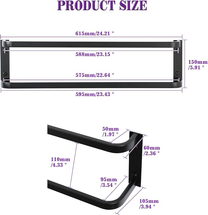 Alise Double Towel Bars 24 Inch, Towel Rack for Bathroom Stainless Steel Bathroom Towel Rack Wall Mounted Towel Holder, Matte Black