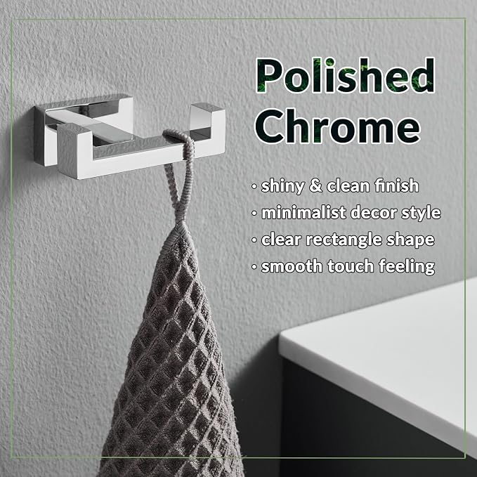 APLusee Square Double Towel Hook, 304 Stainless Steel Dual Coat Holder, Modern Bathroom Kitchen Storage Hanger Wall Mounted, Polished Chrome