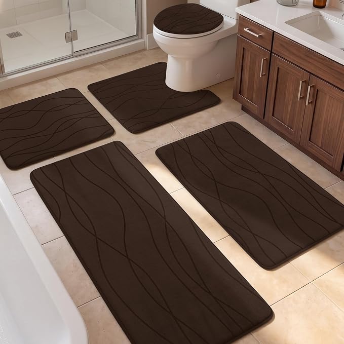 Bathroom Rugs Set 5 Piece, Memory Foam Bath Mat Brown | Ultra Soft, Absorbent, Non-Slip, Machine Washable, for Bathroom, Sink and Toilet