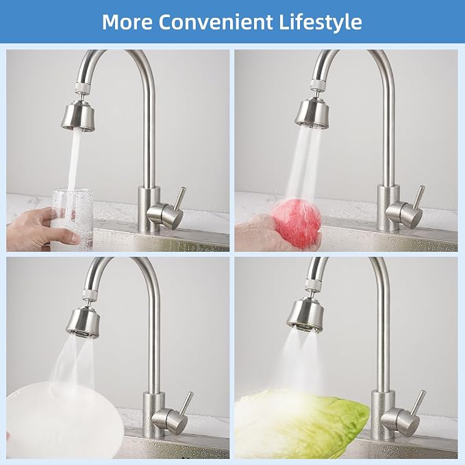 Hygie Rinse Kitchen Sink Faucet Head Replacement 4 Spray Faucet Sprayer Attachment with 2 Ball Joint, Big Angle Swivel, 55/64-27UNS Famale Thread, Male Thread Adapter Included, Brushed Nickel