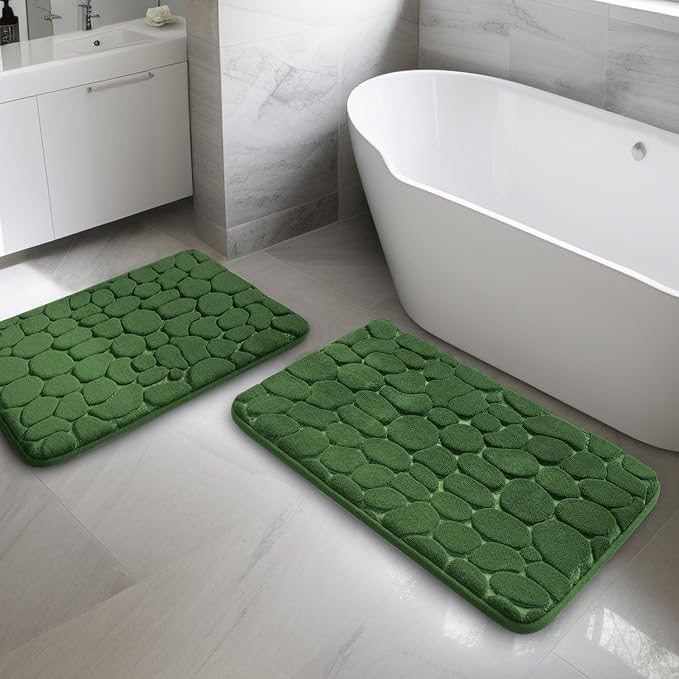 YIHOUSE Bathroom Rugs Mat Set, Memory Foam Bath Mat 2 Piece Green | 17x24&20x32, Non Slip, Water Absorbent, Washable, Bath Mat For Bathroom, Sink and Toilet