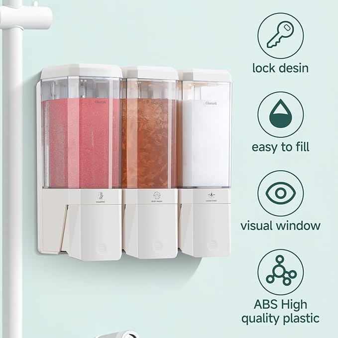Shampoo and Conditioner Dispenser 3 Chamber No Drill Shampoo Dispenser for Shower Wall Mounted Shower Soap Dispenser 3 * 500ml Refillable Shower Dispenser for Bathroom Hotel(White 3 Chamber)