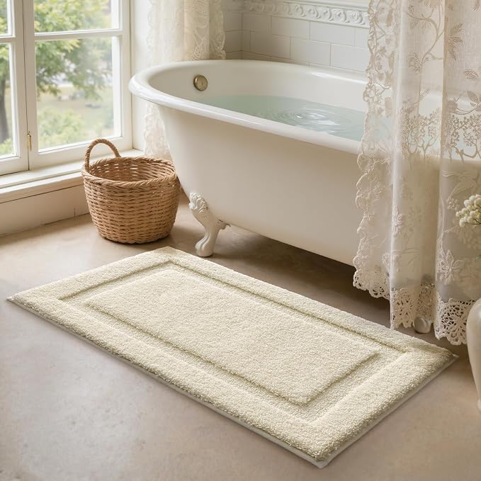 LUMI Soft Bathroom Rugs Absorbent, Non Slip Bath Mat 24x60, Ivory White | Machine Washable with Rubber Backing, Quick Dry, Premium Microfiber Carpet for Bathtub and Shower Floor