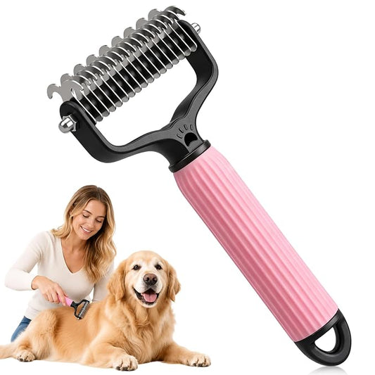 Pet Grooming Brush, Double-Sided Deshedding Dematting Tool for Dogs & Cats, Detangling Tool For Matted Fur, Ideal For Medium Or Long Haired Breeds (Pink)