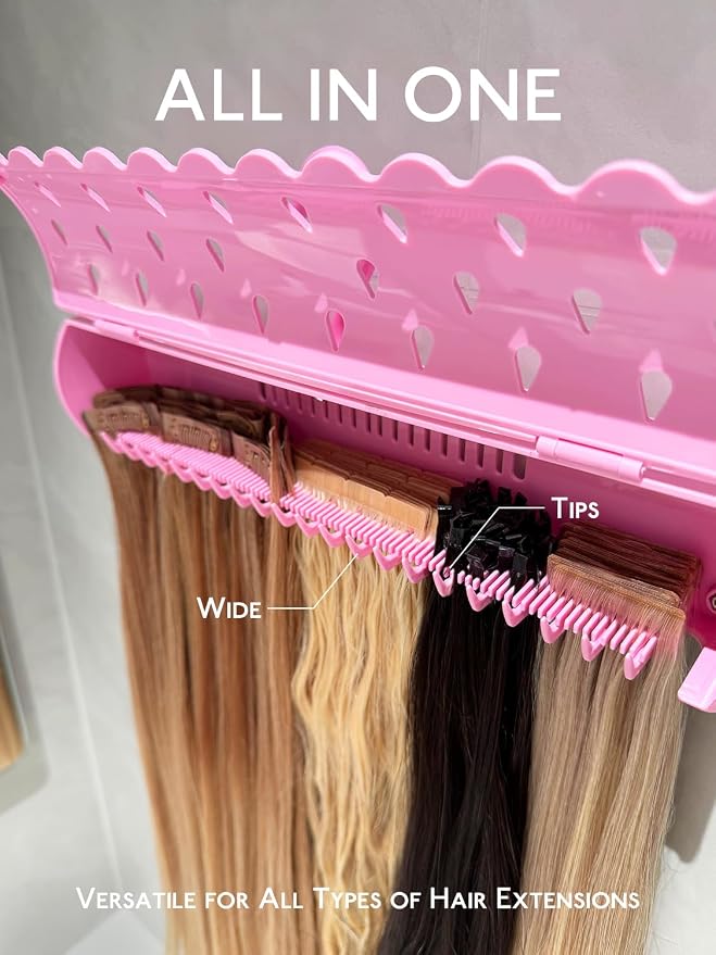 WENNALIFE Hair Extension Holder, Hair Extension Storage for Clip in Hair Extensions Tape ins Tips Braiding Hair Rack for Styling, Washing, Traveling, Storing Hair #Pink ABS Material Sturdy Organizer