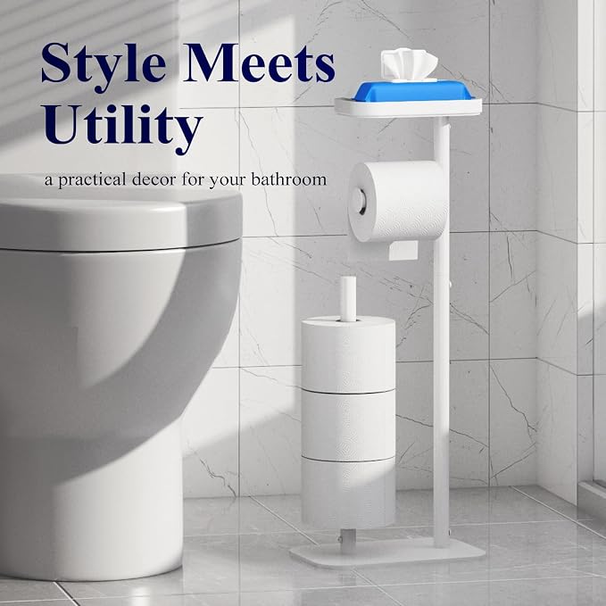 Kitsure Metal Toilet Paper Holder Free Standing, Medium, White | Rustproof Toilet Paper Stand for 4 Rolls, Bathroom Organizers and Storage with Anti-Slip Base and Plastic Shelf