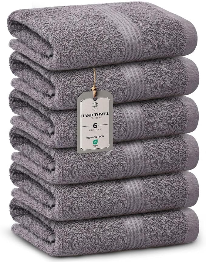 Luxe 6-Piece Hand Towel Set – Soft & Absorbent Cotton, Hotel Quality, Quick-Drying, Easy Care,16 x 28 in (Stone Grey)
