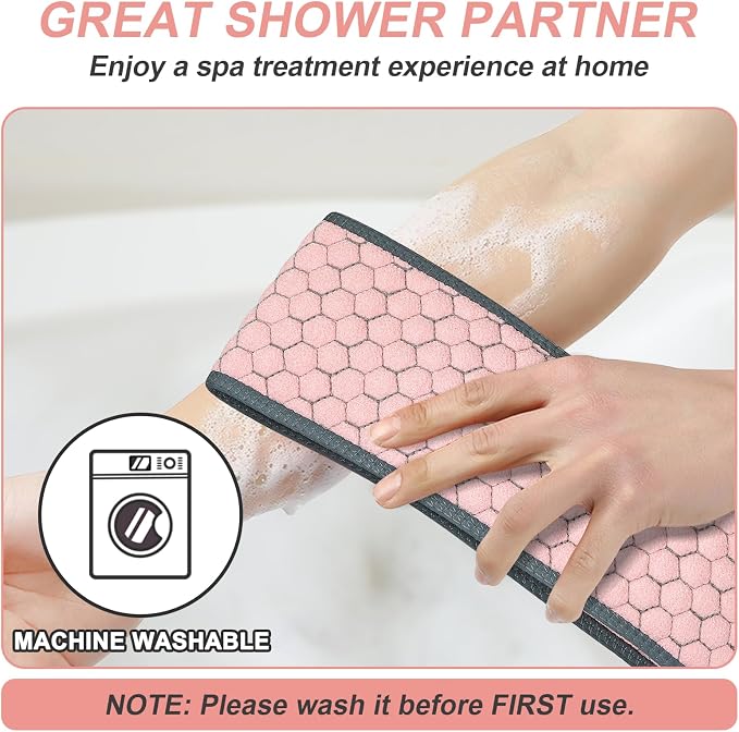 38 Inch Exfoliating Back Scrubber for Shower, Back Washer, Pink | Dual Handles Long Bath Exfoliator, Full Back Coverage without Straining, Dual-Sided for Deeper Cleansing, Men & Women Acne