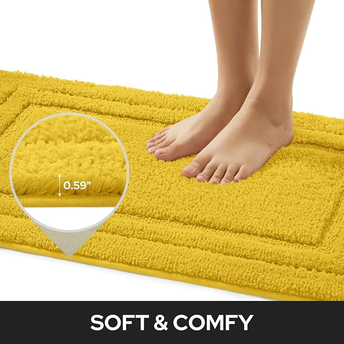 HOMEIDEAS Bathroom Rugs Sets 2 Piece, Super Soft Non Slip Bath Mat Yellow | Ultra Absorbent, Microfiber Machine Washable Bath Rug Set, for Bathroom, Tub, Shower 20" x 32" + 16" x 24"