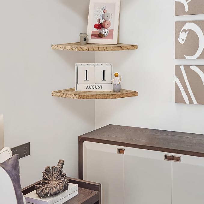Joiishom Wood Corner Wall Shelves Set of 2, Solid Wood Corner Floating Shelves, Round End Wall Mounted Floating Corner Shelf for Bedroom, Living Room and Kitchen. (Carbonized-12 inch)