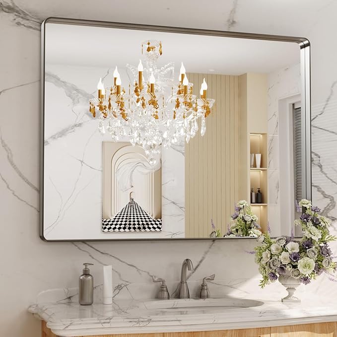 LOAAO 48X36 Inch Brushed Nickel Bathroom Mirror | Rounded Rectangle, Silver Metal Frame, Anti-Rust, Tempered Glass, Hangs Horizontally or Vertically