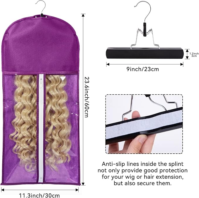 3PCS Wig Storage Bags with Hanger - Portable Hair Extension Organizer Dust-proof Stand (Purple)
