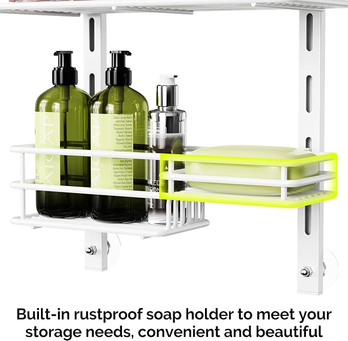 Orimade Over The Door Shower Caddy Adjustable 3 Tier White,Bathroom Hanging Organizer Shelf Rustproof with 4 Hooks,Shower Basket with Soap Holder and Suction Cup