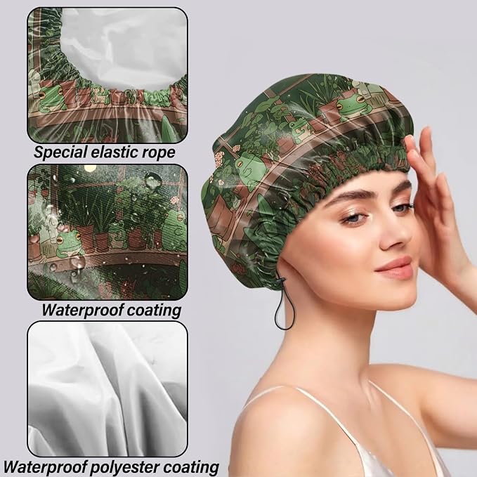 2 PCS Shower Cap Reusable Waterproof Double Layers Hair Caps Shower Bath Adjustable Elastic Hat for Women Girls Cute Aesthetic-Sea Turtle Frog