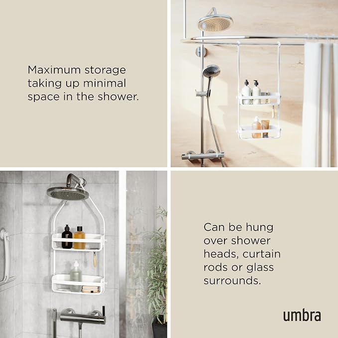 Umbra Flex Shower Caddy, Hanging 2 Shelves Bathroom Organizer, White | Flexible silicone bands, drainage system, mold resistant, bottle collars, overhead mount