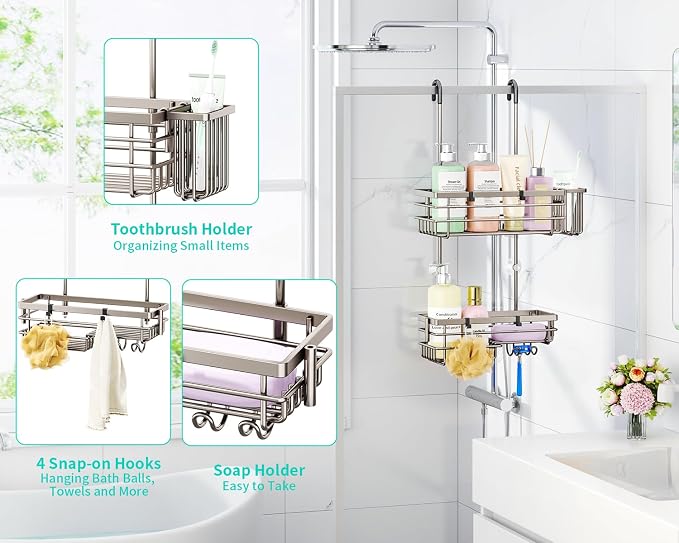 HapiRm Hanging Shower Caddy Organizer - No Drilling Shower Shelves with Hooks and Toothbrush Holder, Rustproof 304 Stainless Steel Bathroom Organizer - Brushed Nickel