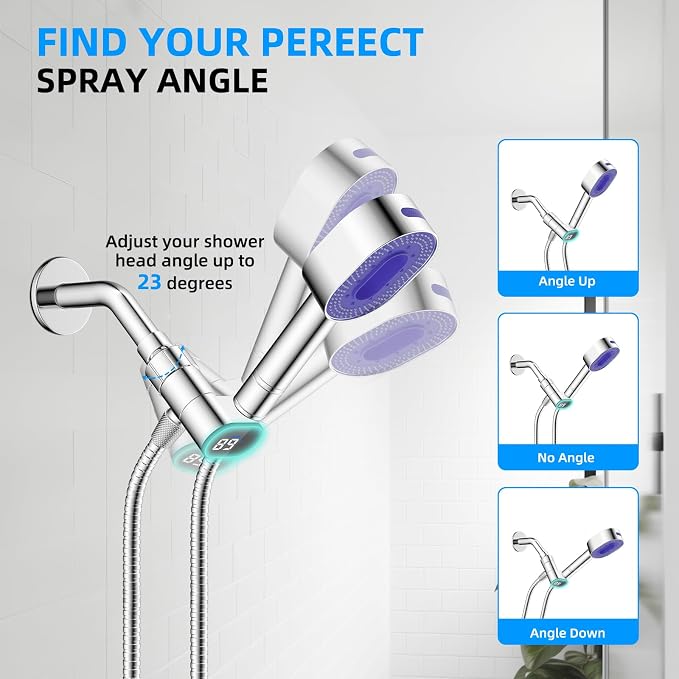 Hibbent Upgraded Metal Shower Head Holder with LED Display Shower Thermometer, Adjustable Shower Arm Mount for Handheld Shower Head, Universal Shower Head Bracket, Solid Brass Pivot Ball, Chrome