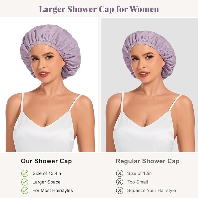 Shower Cap for Women Waterproof Reusable, Large Shower Cap Non-Slip with Elastic Band, Washable Bath Hair Hat for Long Hair, Braids (Purple)