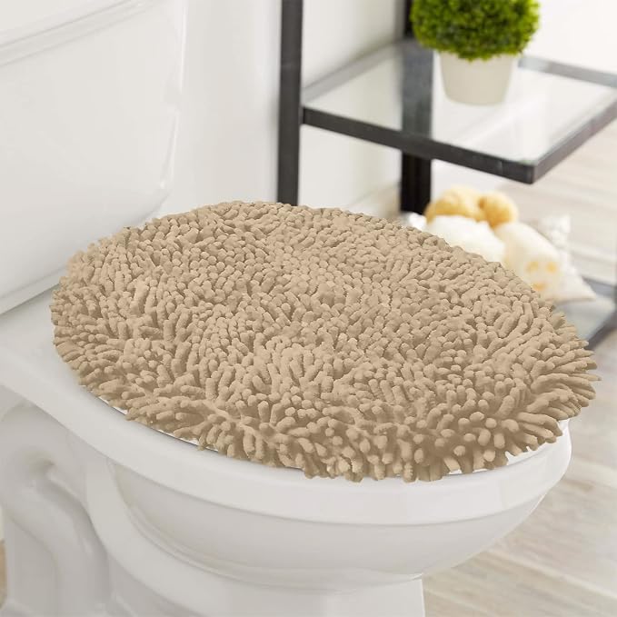 LuxUrux Toilet Lid Cover with Stretch Fit Elastic Band – Chenille Microfiber Toilet Seat Non-Slip Cover for Bathroom – Soft Plush, Machine Wash And Dry, Comfort & Clean Look (18 x 18'', Birch)