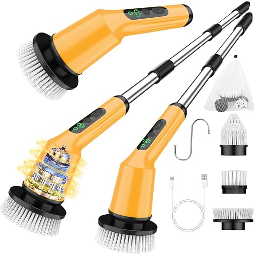Electric Spin Scrubber for Bathroom, Shower Scrubber with Long Handle | Shower Cleaner Brushes, IPX7 Waterproof & 2 Speed, 3 Brush Heads, 90min Runtime, Bathroom Cleaning Supplies for Toilet Tub