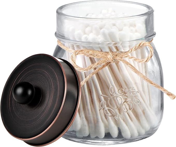 SheeChung Small Glass Mason Jar Qtip Holder with ORB Stainless Steel Lid | Clear Apothecary Jar Canisters Set,Bathroom Jar Dispenser,Vanity Storage Organizer for Cotton Swab,Ball,Floss,Farmhouse Decor