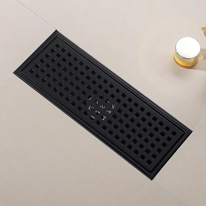 12 Inch Rectangular Shower Floor Drain, Detachable to Insert The Mesh Grille Cover, SUS304 Stainless Steel, Matt Black