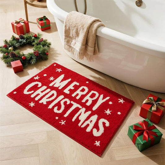 TYUU Christmas Bathroom Rugs, Extra Soft Absorbent Bath Rug Non Slip Washable Bathroom Mat Holiday Xmas Home Decor Indoor Bath Mat, Merry Christmas, 24"x36"