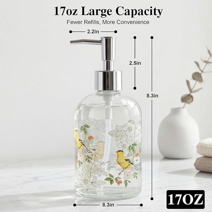 Topadorn Hand and Dish Soap Dispenser Set, 2 Pack 17oz Glass Soap Dispensers with Pump, Refillable Kitchen Soap Bottles, Vintage Floral & Goldfinch Bathroom Counter Decor
